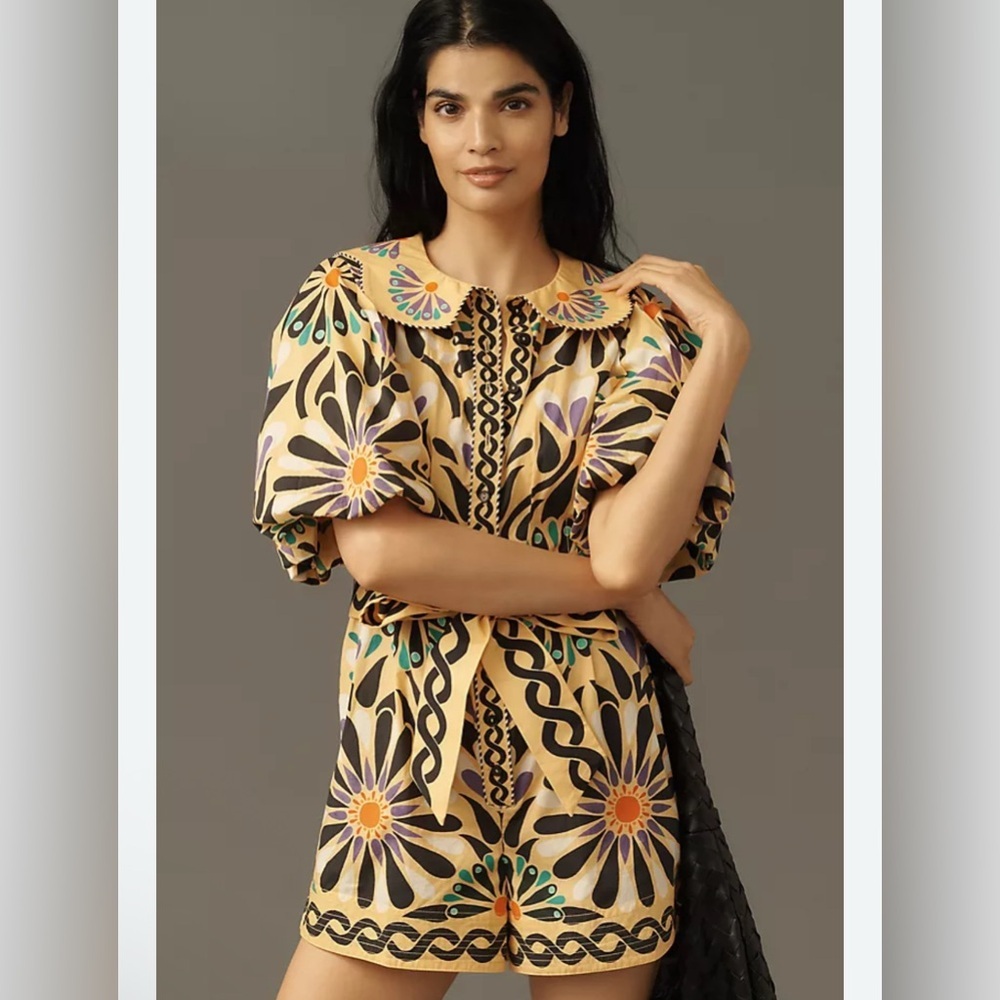 FARM Rio x Anthropology Puff Sleeve Printed Romper